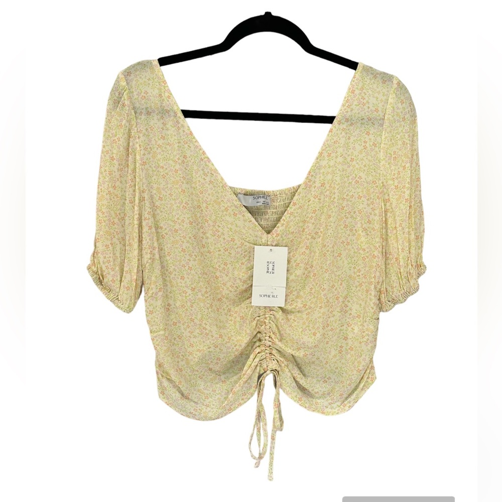 NWT Sophie Rue Light Yellow Floral Smocked Crop Top Small Flowers Women’s Size L
